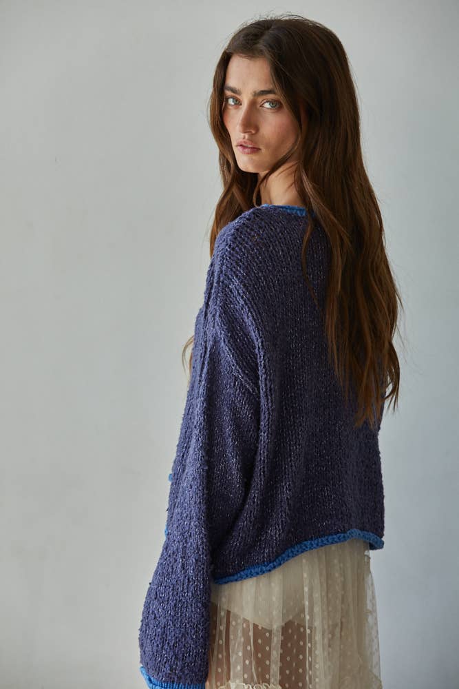 W1919 | Knit Sweater Pullover Top With Contrast Hems Detail: Mocha Ivory / S