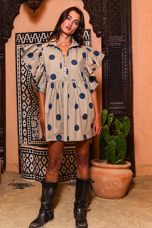 Ruffle Sleeve Pintuck Detail Polka Dot Mini Dress: Taupe