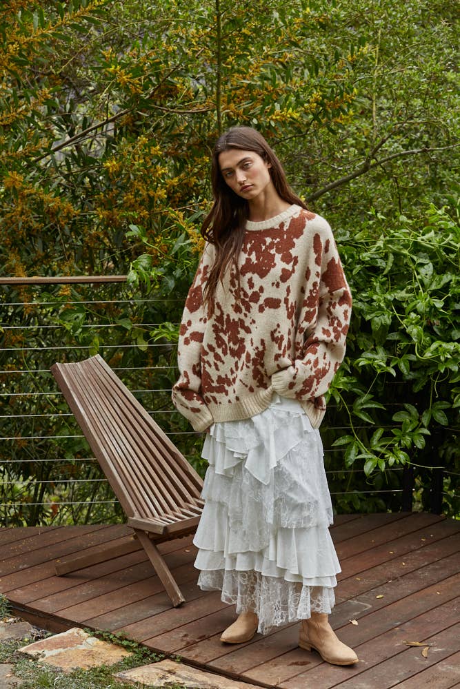 W2311 | Knit Sweater Animal Pattern Detail Top: Natural Camel / M