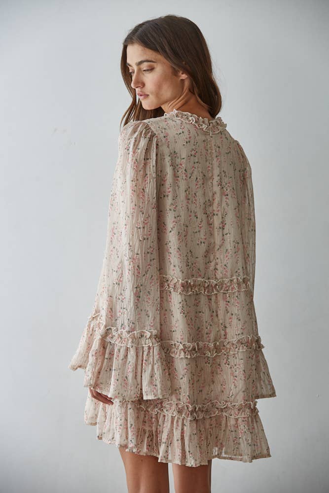 L9046 | Woven Polyester Floral Ruffle Detail Mini Dress : Blush Multi / S