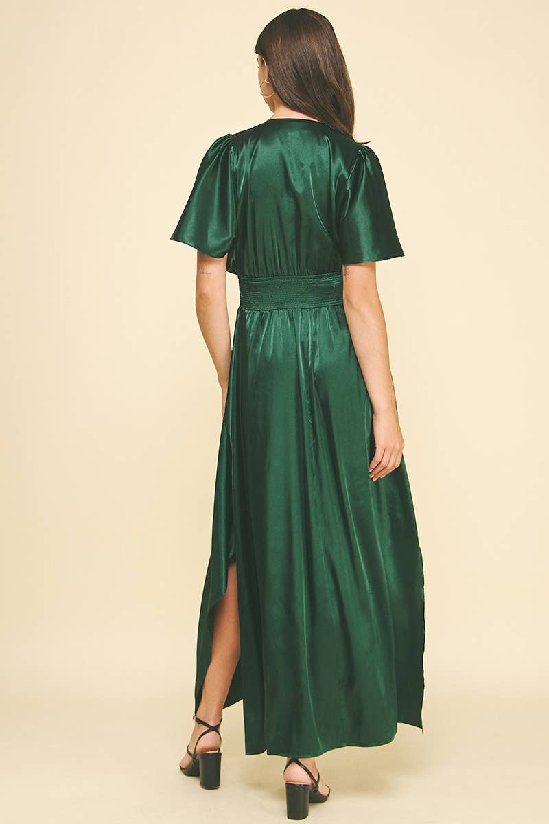 CHIFFON SLIT DETAILED MAXI DRESS: HUNTER GREEN