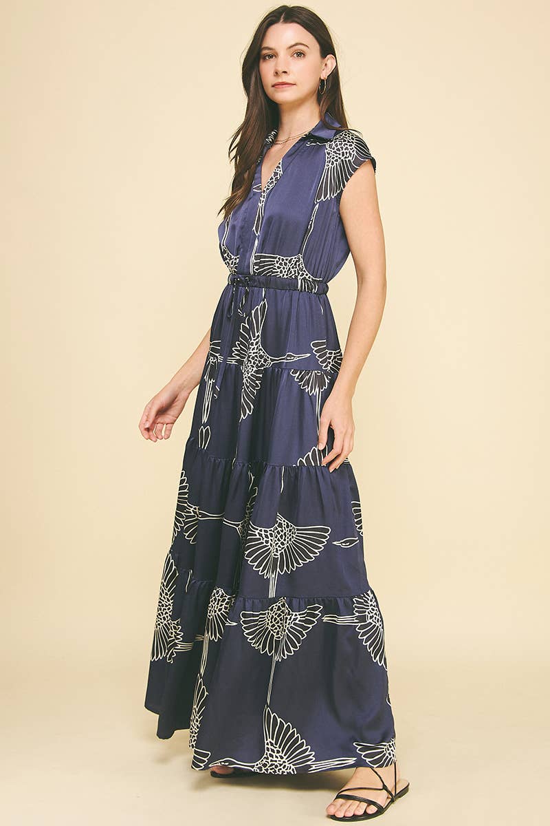 PRINT TIERED MAXI DRESS: NAVY