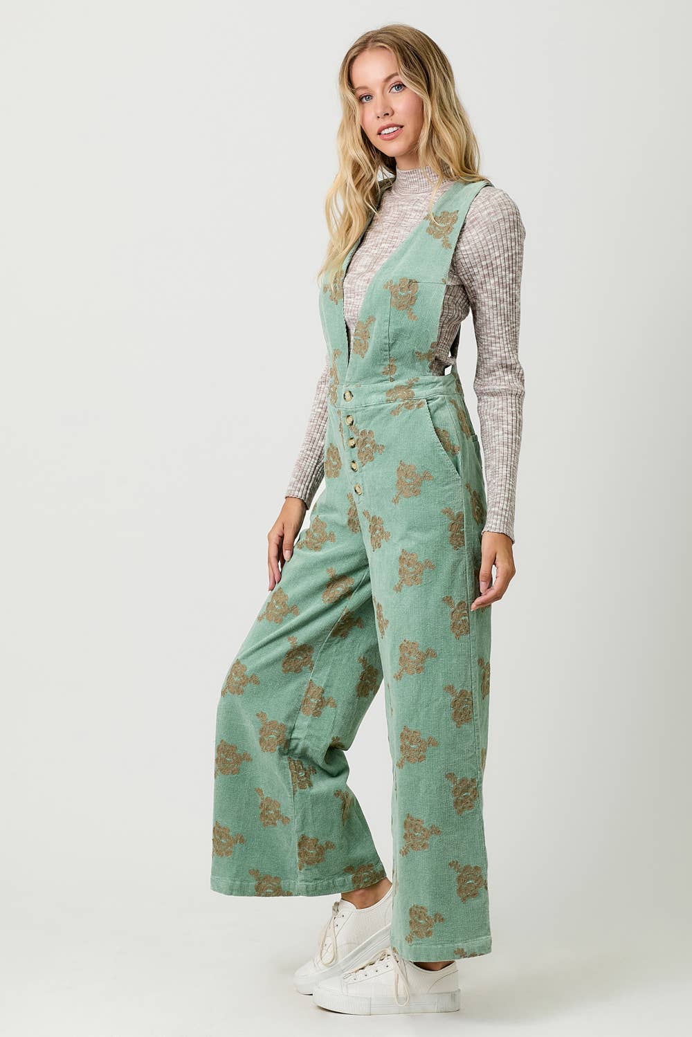 Embroidered Corduroy Jumpsuit: Washed Seafoam