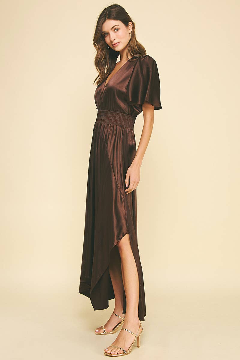 CHIFFON SLIT DETAILED MAXI DRESS: ESPRESSO