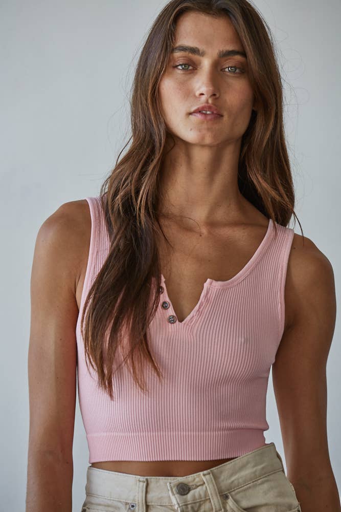 S1102N | Henley Ribbed Modal Tank: Powder Pink / SM