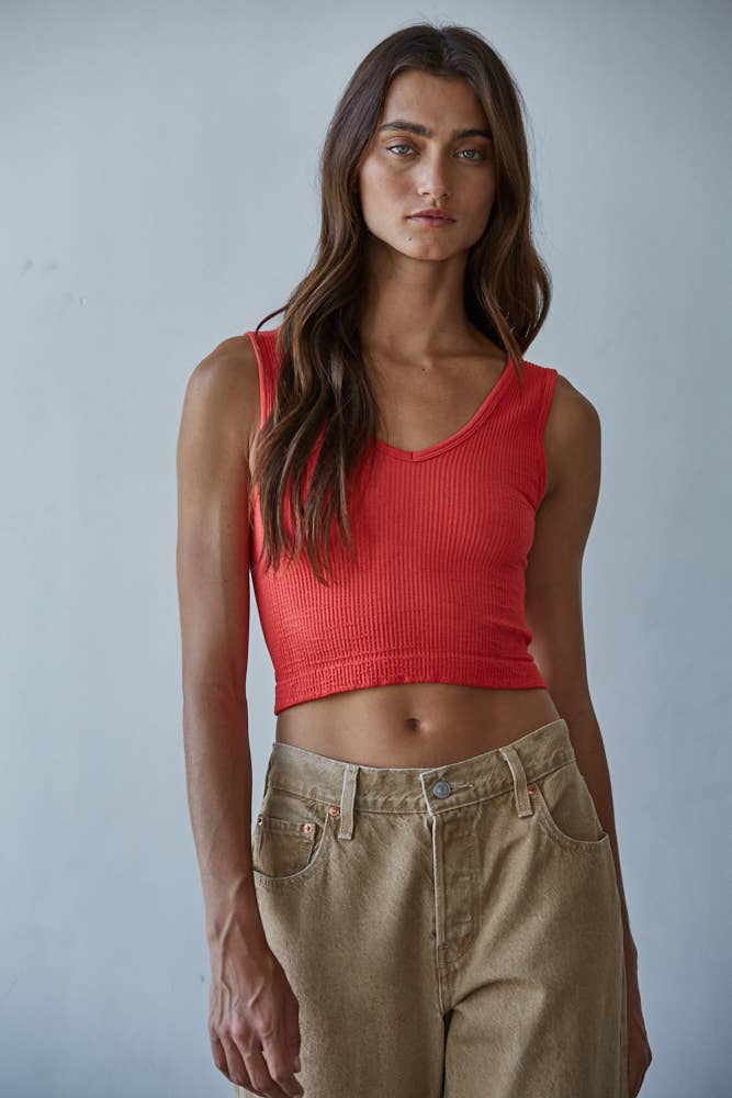 S1050N | Seamless Sleeveless UV Neck Reversible Tank Top: Tomato / SM