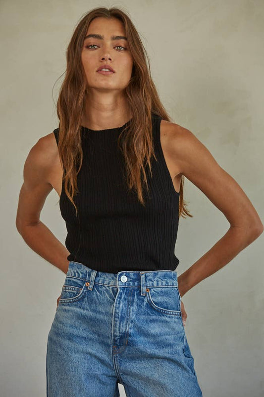 W1318 | Knit Sweater Ribbed Boat Neck Sleeveless Top: Black / M