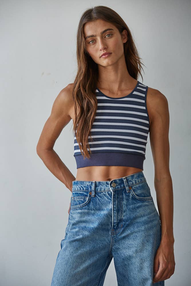 S1107 | Knit Seamless Ribbed Striped Racerback Brami: Light Chambray Blue Cream / SM