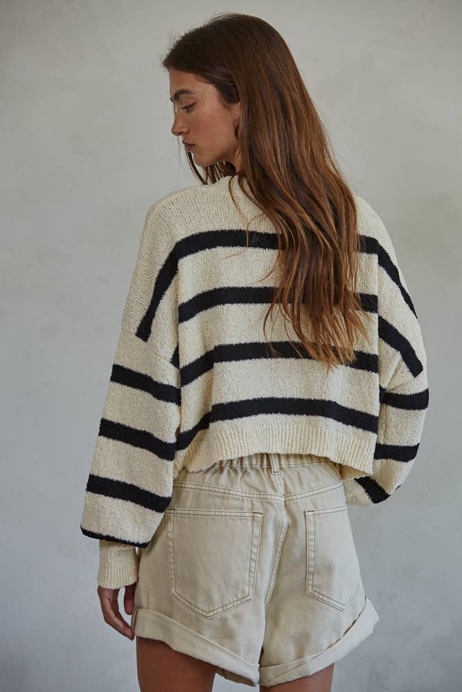 W1856 | Knit Sweater Striped Crewneck Long Sleeve Top: Natural Black / M