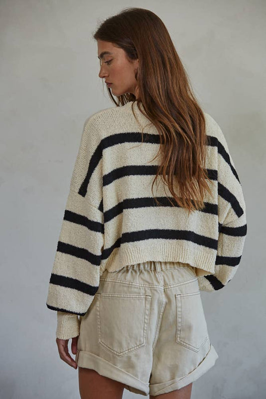 W1856 | Knit Sweater Striped Crewneck Long Sleeve Top: Natural Black / L