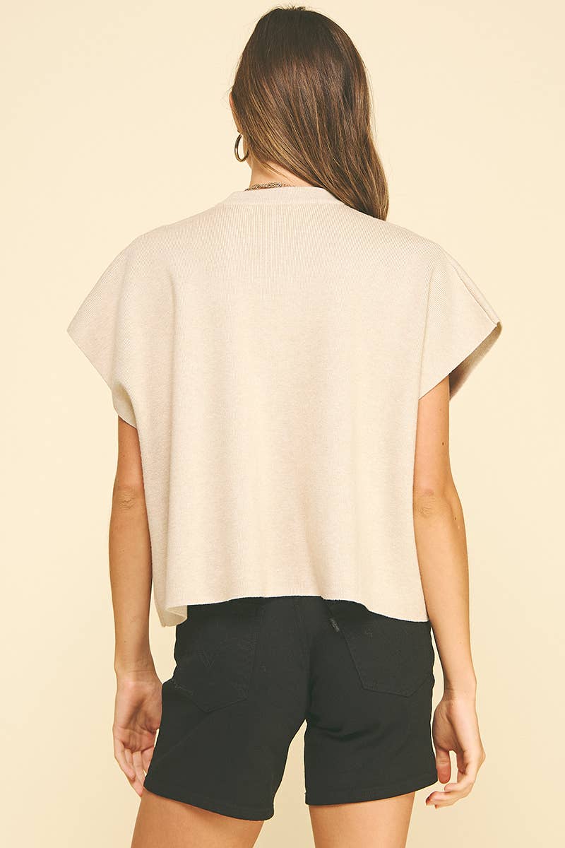 BUTTON DOWN CAP SLEEVE SWEATER: OATMEAL