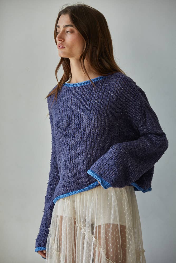 W1919 | Knit Sweater Pullover Top With Contrast Hems Detail: Mocha Ivory / S