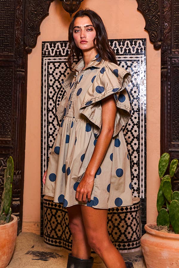 Ruffle Sleeve Pintuck Detail Polka Dot Mini Dress: Taupe