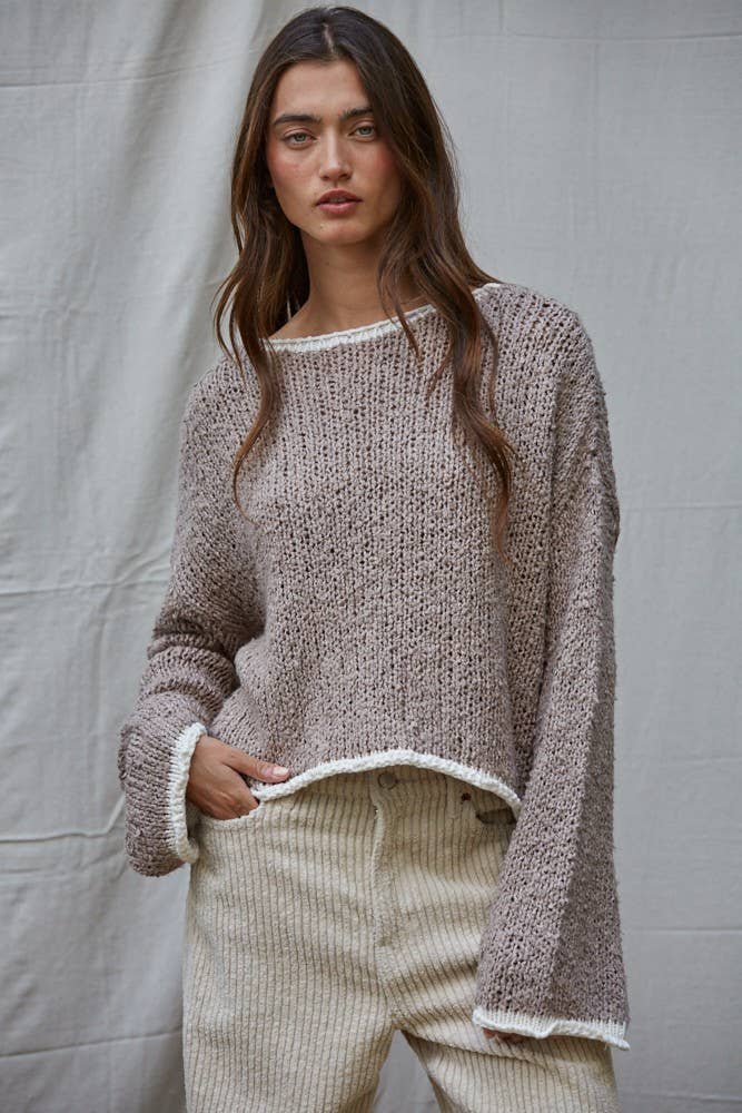 W1919 | Knit Sweater Pullover Top With Contrast Hems Detail: Mocha Ivory / S