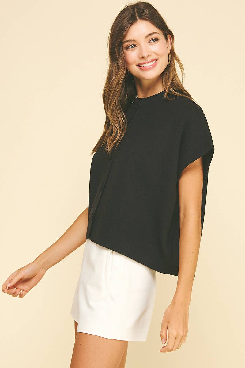 BUTTON DOWN CAP SLEEVE SWEATER: Black
