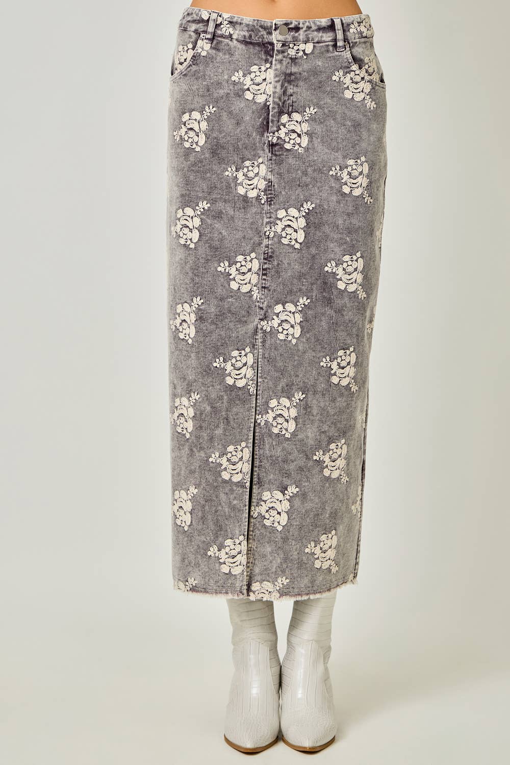 Embroidered Front Slit Corduroy Skirt: Washed Black