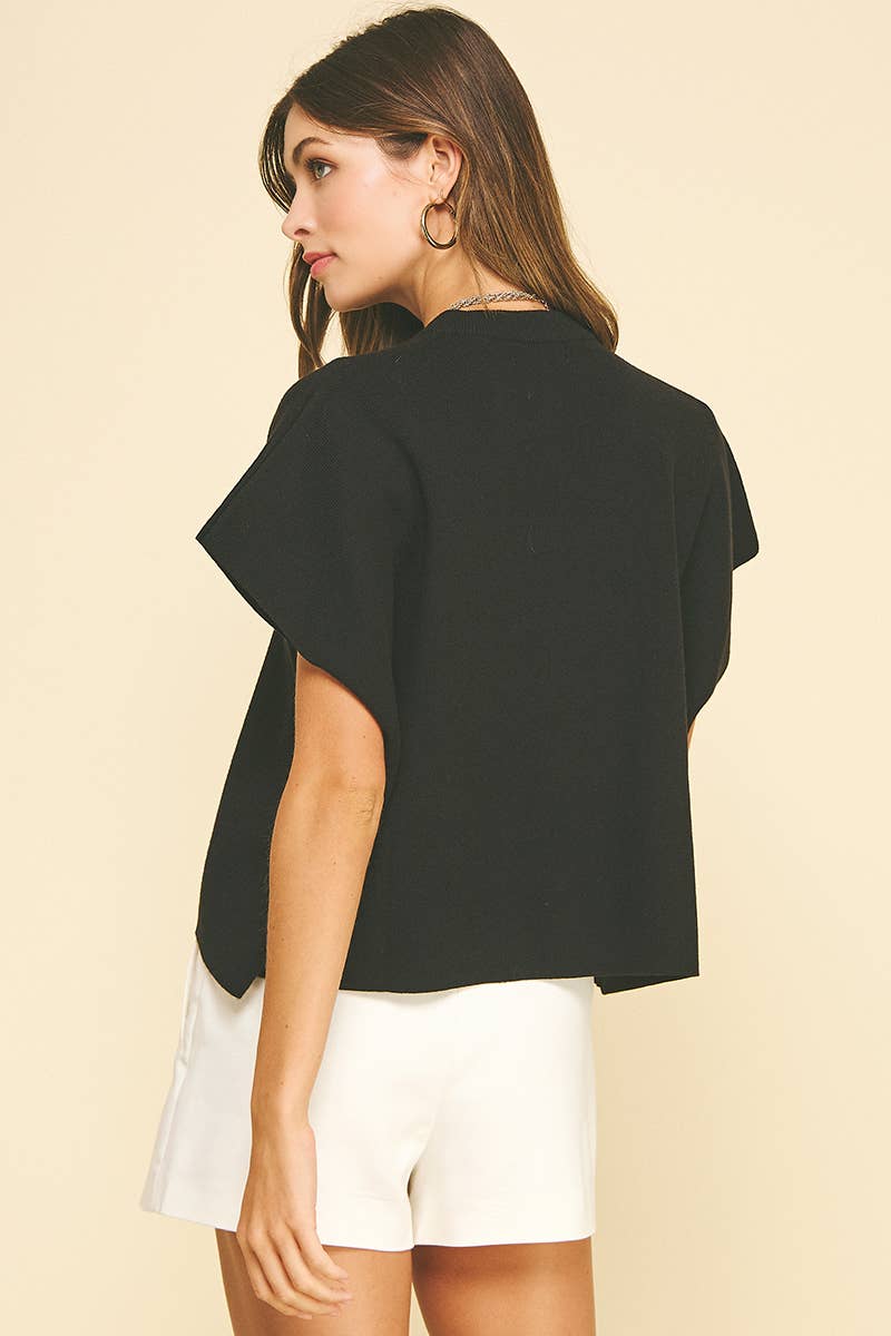 BUTTON DOWN CAP SLEEVE SWEATER: Black