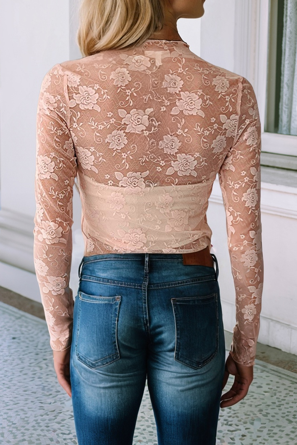 LDC Mock Neck Floral Lace Mesh Long Sleeve Top: Apricot Pink / M