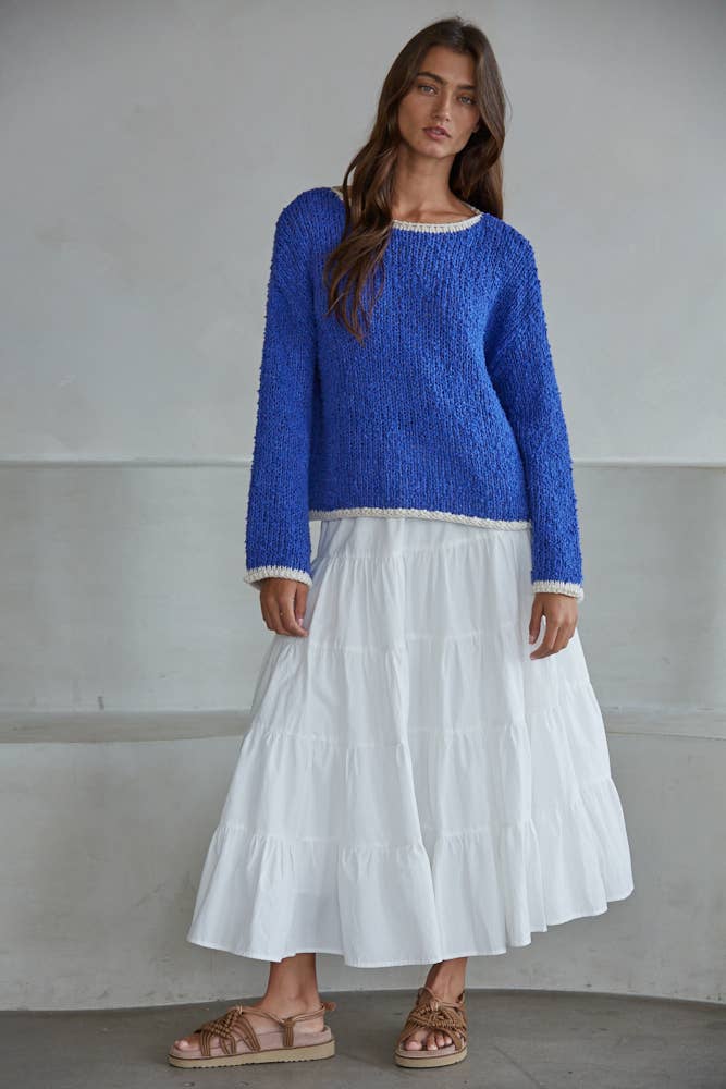 W1919 | Knit Sweater Pullover Top With Contrast Hems Detail: Mocha Ivory / S