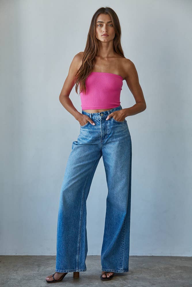 S1169N | Seamless Ribbed Tube Top: Electric Fuchsia / ML