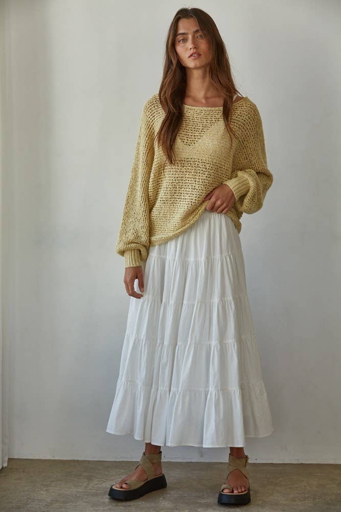 W1106 | Sweater Knit Crochet Round Neck Long Sleeve Top: Chocolate / Medium