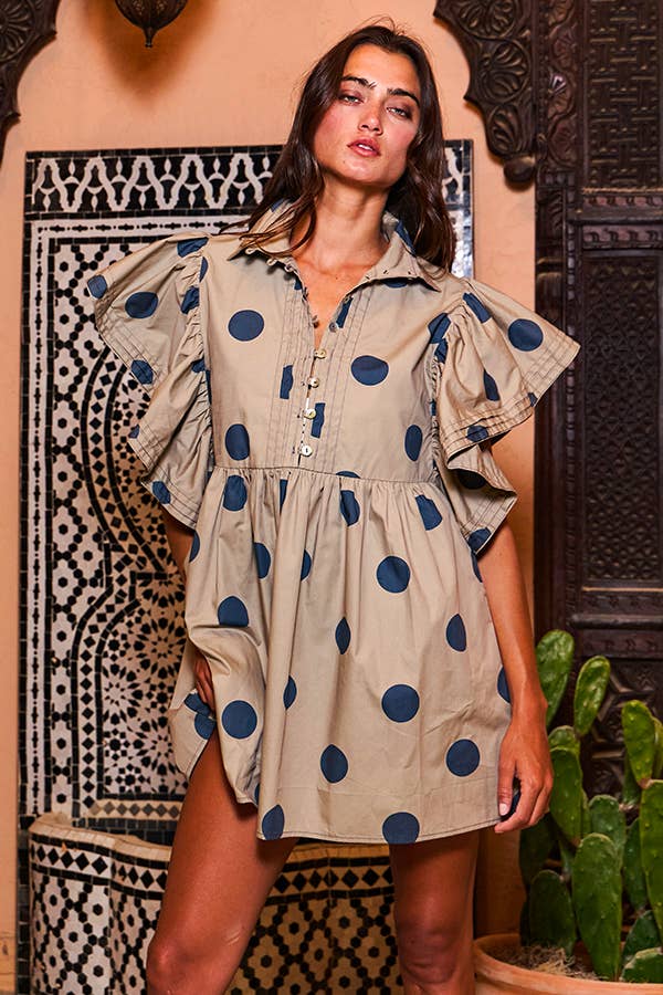 Ruffle Sleeve Pintuck Detail Polka Dot Mini Dress: Taupe