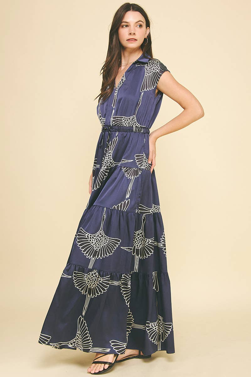 PRINT TIERED MAXI DRESS: NAVY