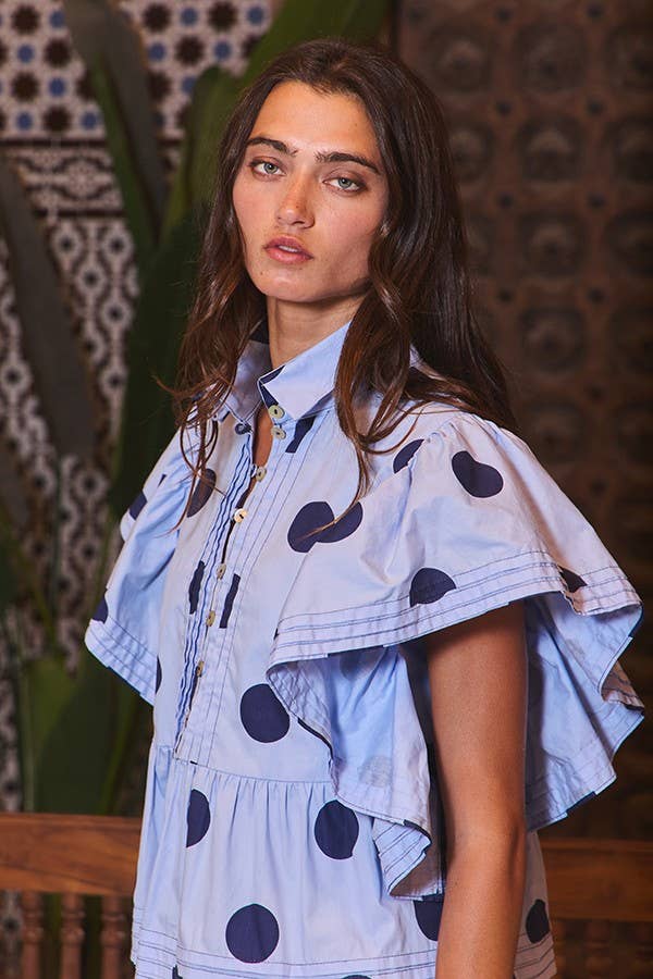 IT2337 Ruffle Sleeves Pintuck Detail Polka Dot Print top: Ivory/Black / S-M-L (2-2-2)