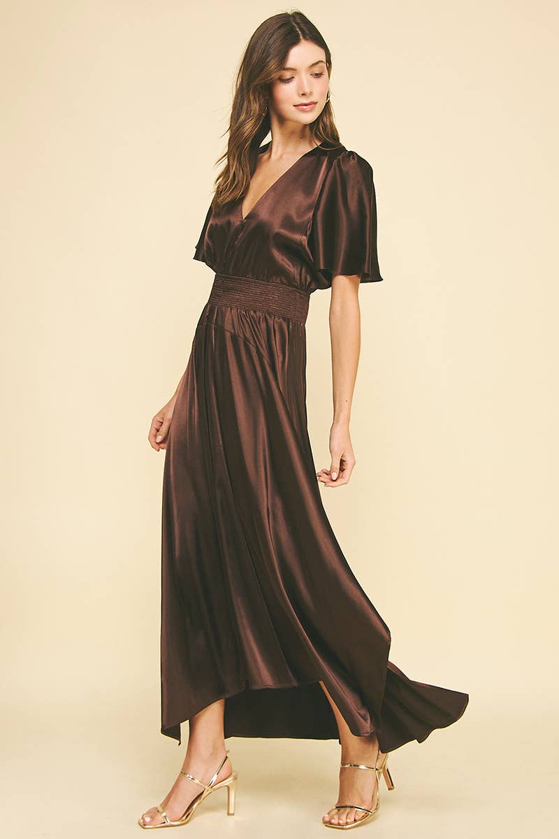CHIFFON SLIT DETAILED MAXI DRESS: ESPRESSO