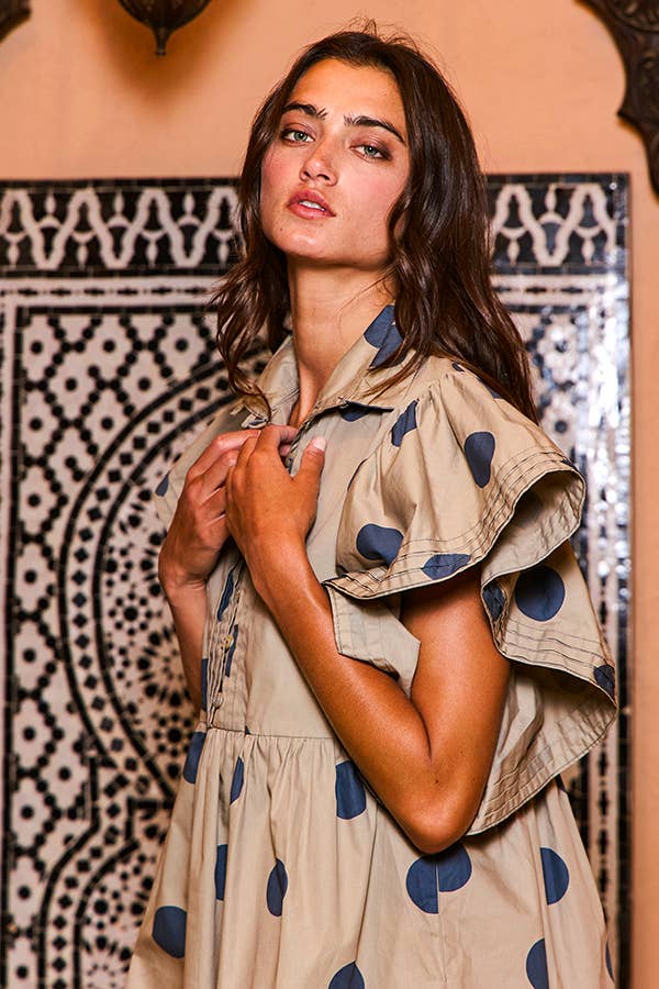 Ruffle Sleeve Pintuck Detail Polka Dot Mini Dress: Taupe