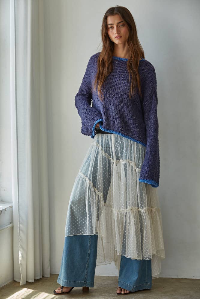 W1919 | Knit Sweater Pullover Top With Contrast Hems Detail: Mocha Ivory / M