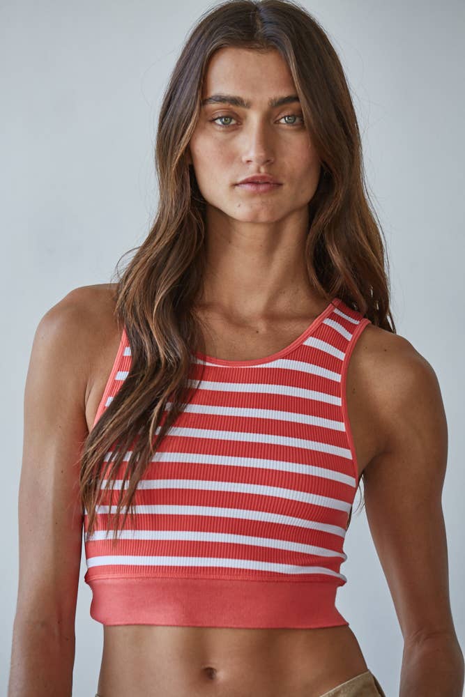 S1107 | Knit Seamless Ribbed Striped Racerback Brami: Black Ivory / ML