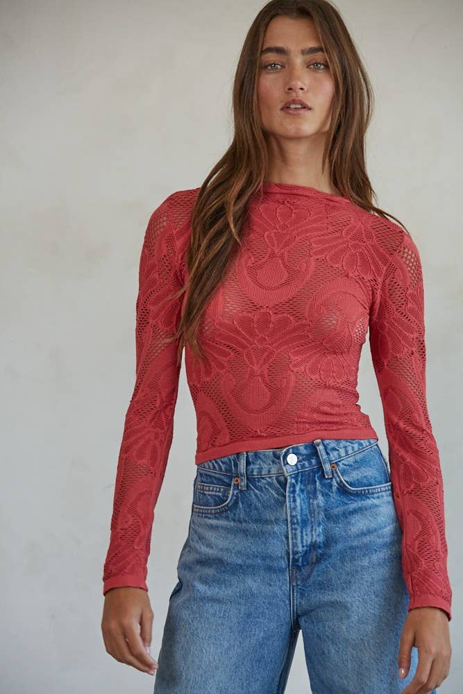 S1228 | Knit Seamless Jacquard Mock Neck Long Sleeve Top: Crimson / ML
