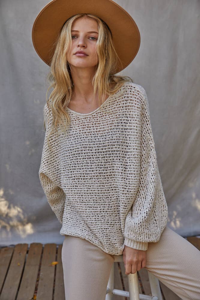 W1106 | Sweater Knit Crochet Round Neck Long Sleeve Top: Chocolate / Small