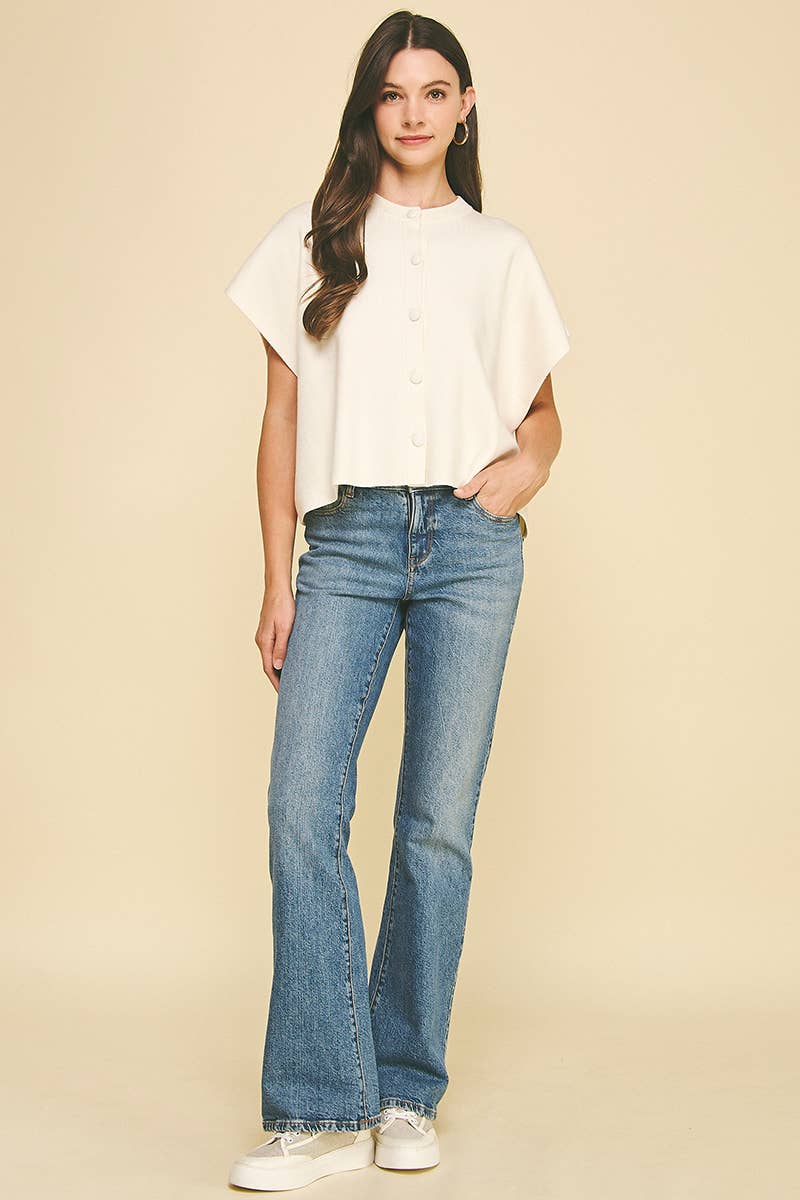 BUTTON DOWN CAP SLEEVE SWEATER: OATMEAL