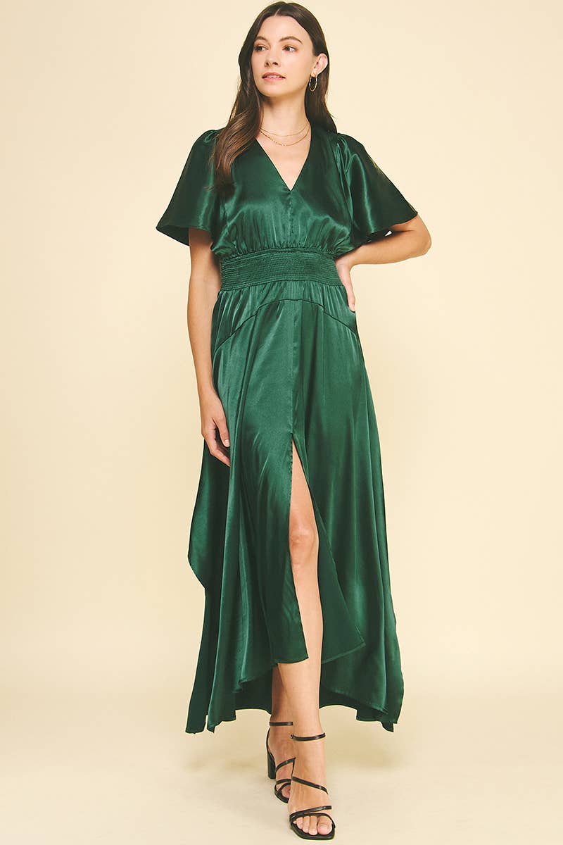 CHIFFON SLIT DETAILED MAXI DRESS: HUNTER GREEN