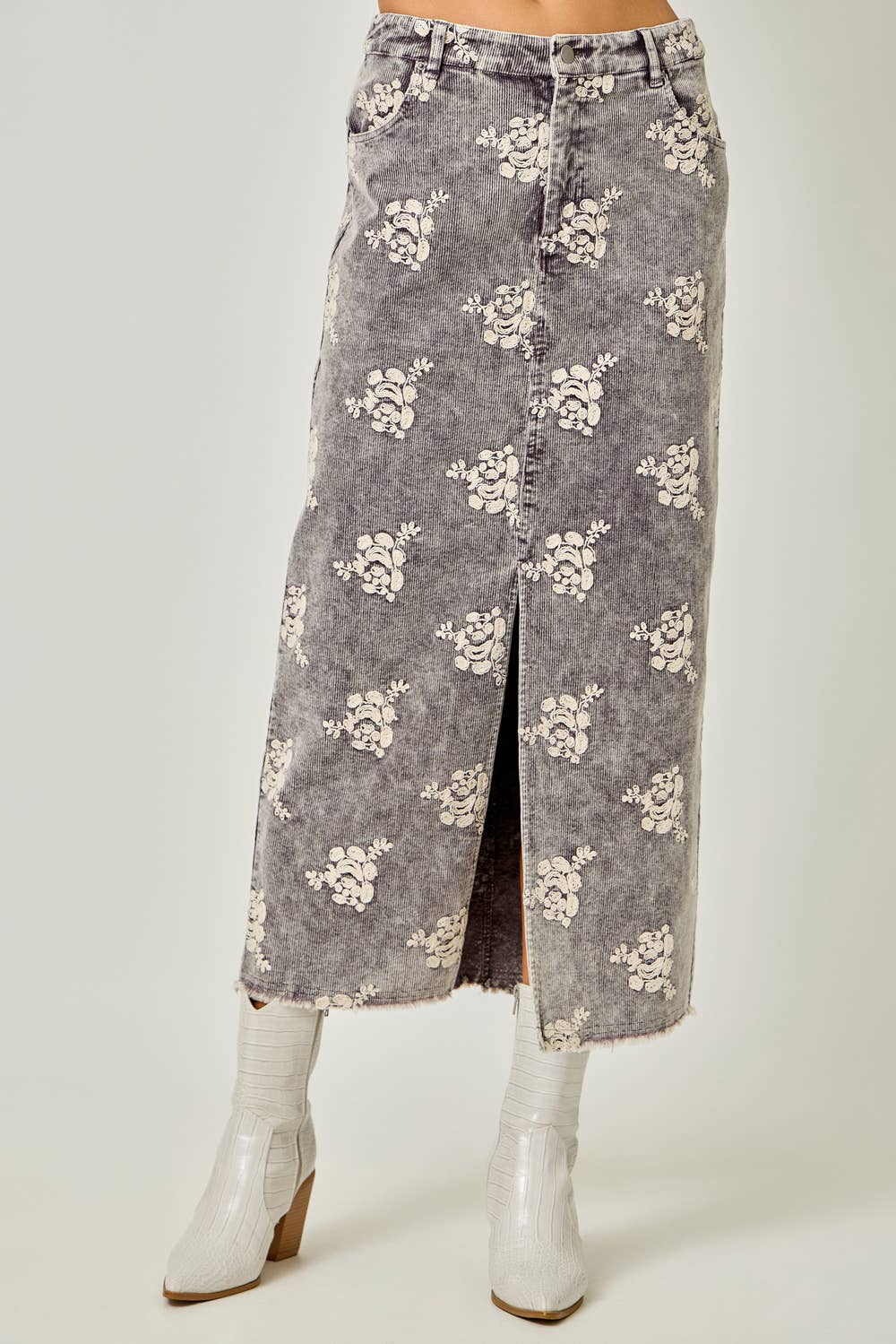 Embroidered Front Slit Corduroy Skirt: Washed Black