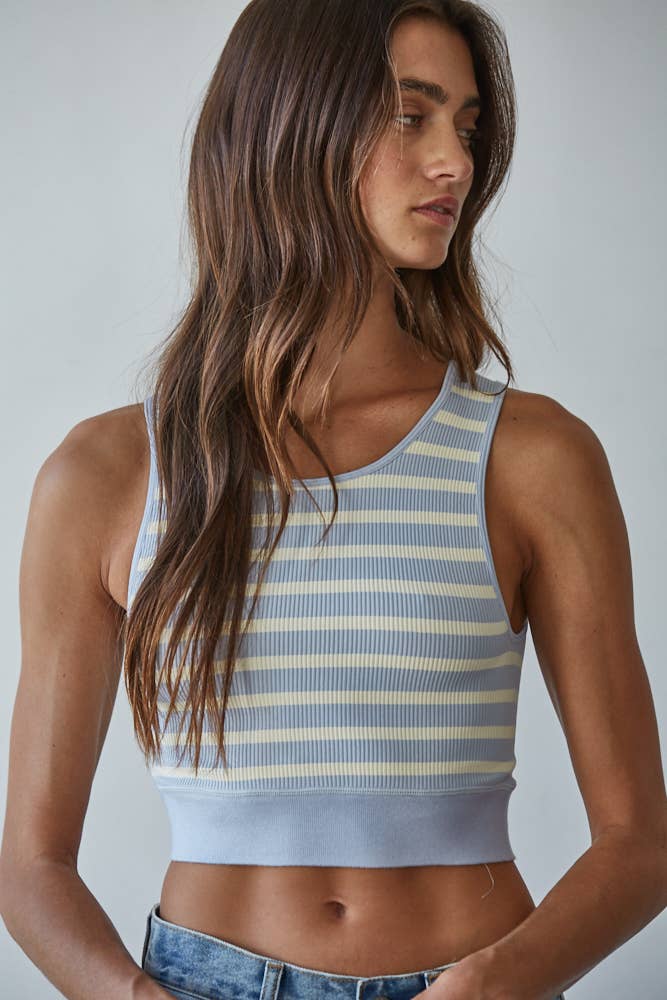 S1107 | Knit Seamless Ribbed Striped Racerback Brami: Black Ivory / ML