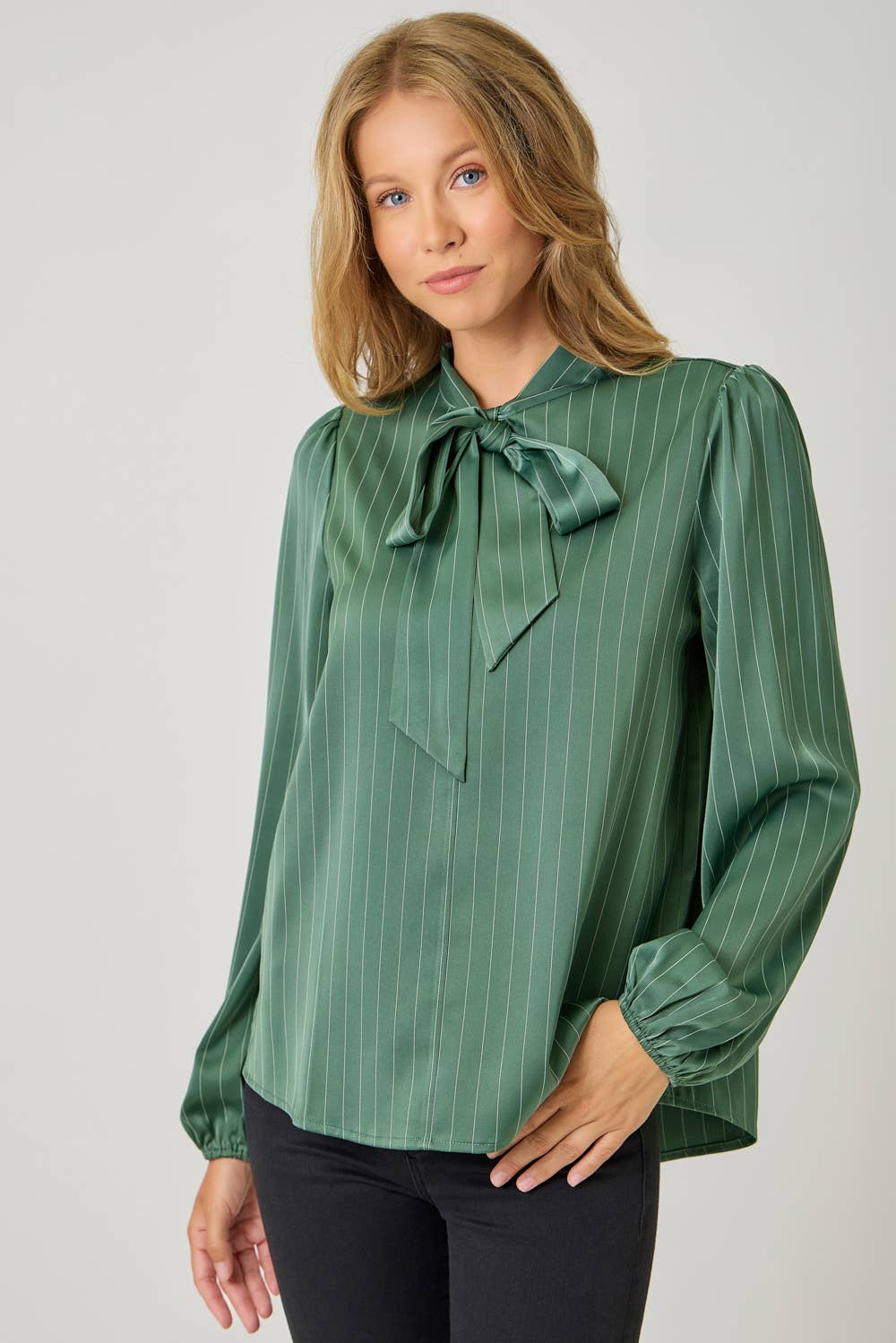 Ribbon Tie Stripe Shirt: Hunter Green