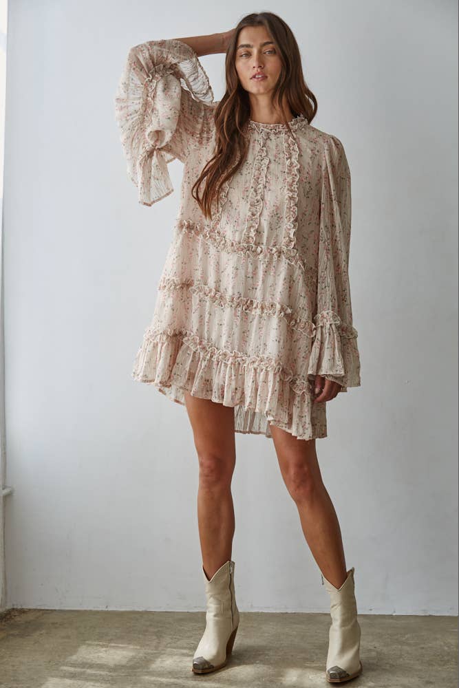 L9046 | Woven Polyester Floral Ruffle Detail Mini Dress : Blush Multi / S