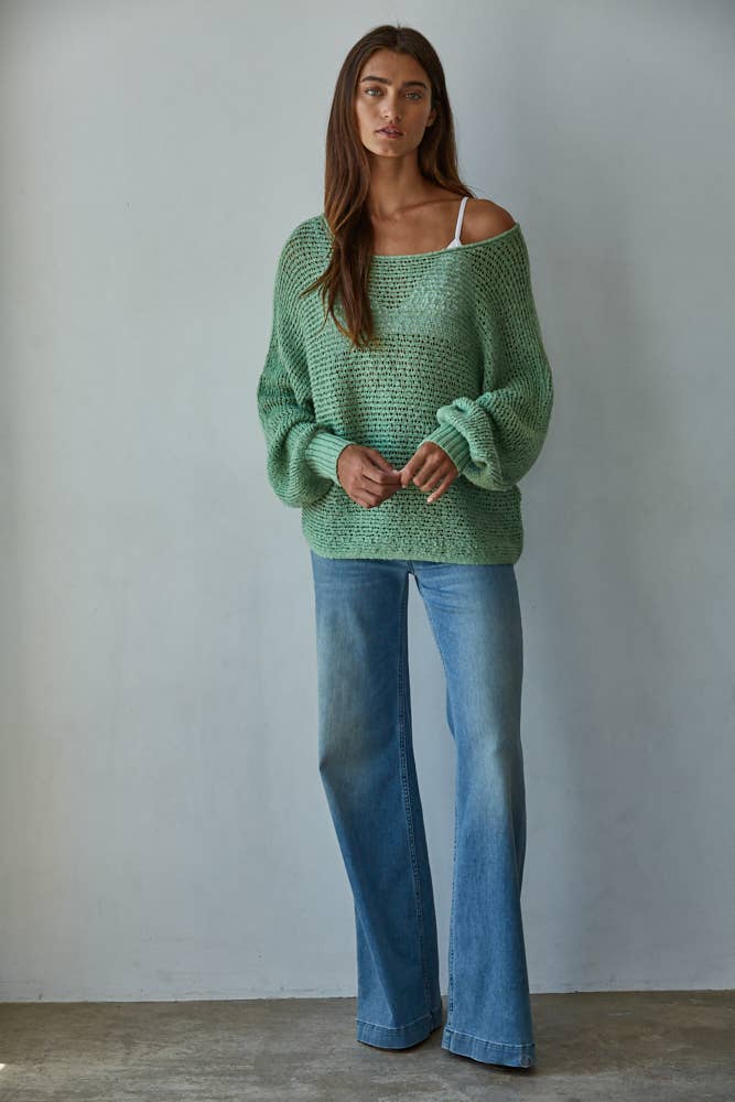 W1106 | Sweater Knit Crochet Round Neck Long Sleeve Top: Chocolate / Medium