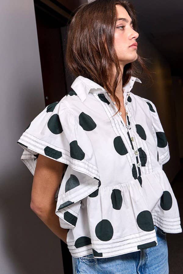 IT2337 Ruffle Sleeves Pintuck Detail Polka Dot Print top: Ivory/Black / S-M-L (2-2-2)