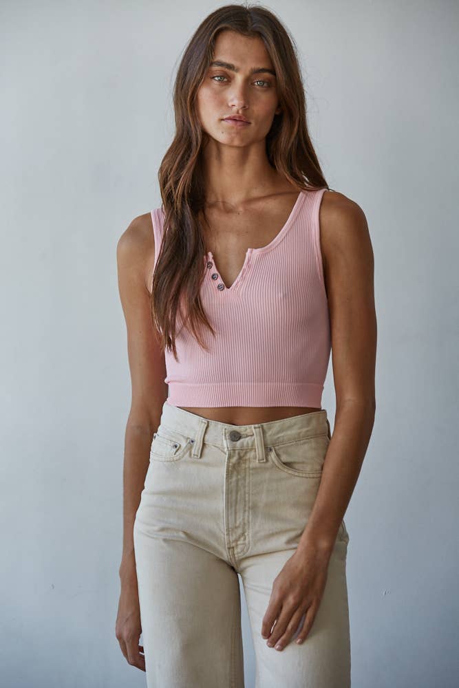 S1102N | Henley Ribbed Modal Tank: Powder Pink / ML