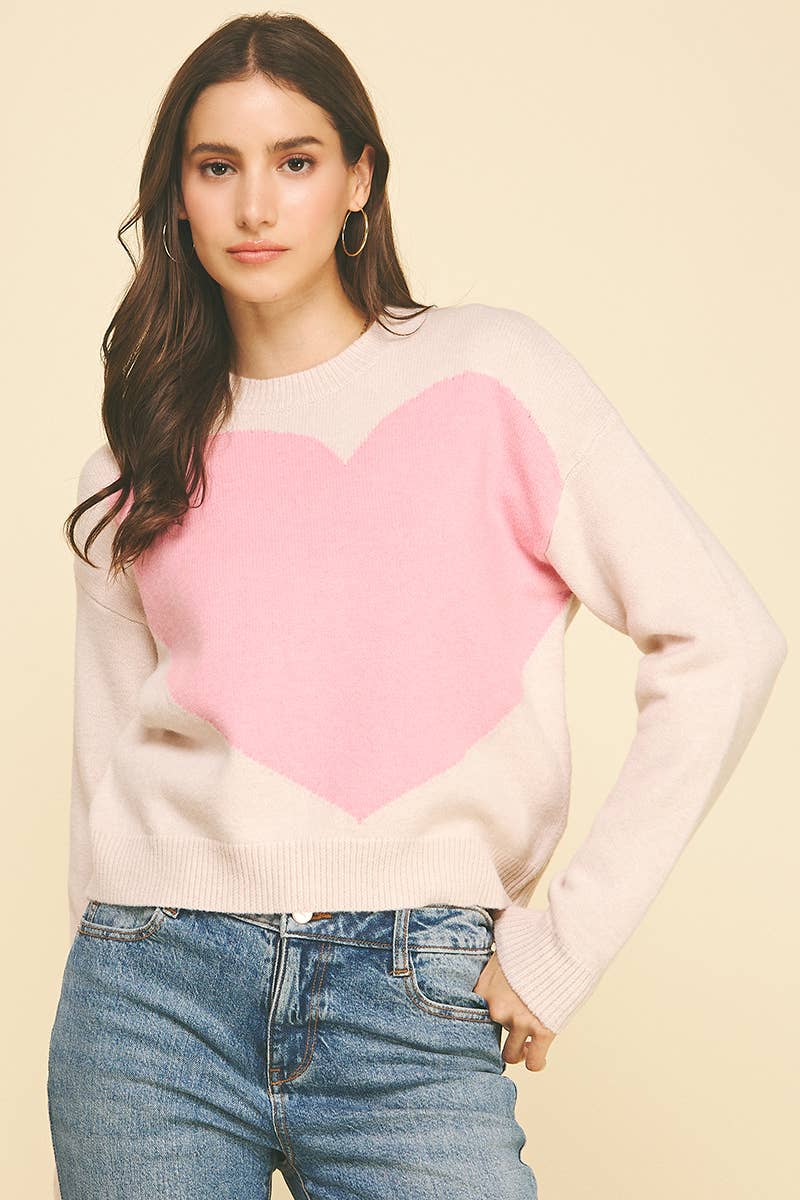 HEART CREW NECK SWEATER - 7034WS: LIGHT PINK / S