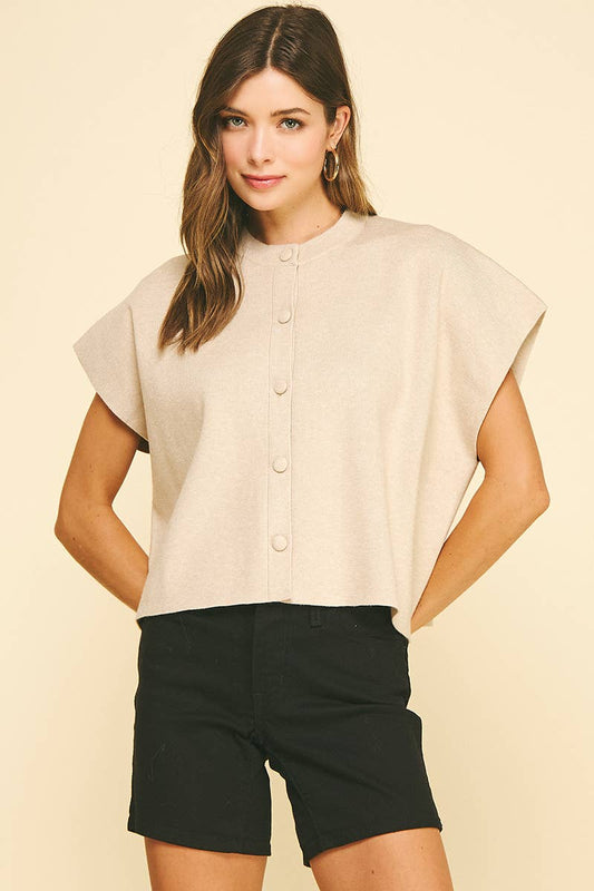 BUTTON DOWN CAP SLEEVE SWEATER: OATMEAL