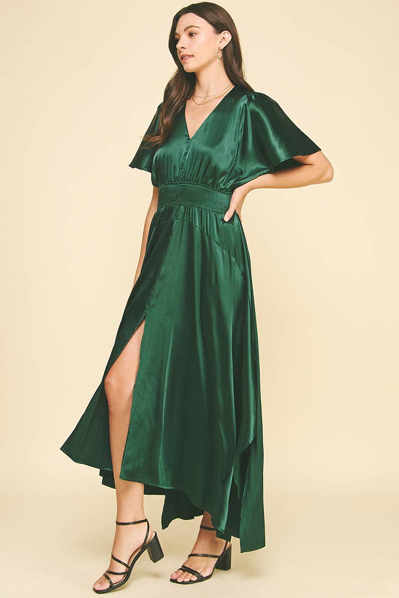 CHIFFON SLIT DETAILED MAXI DRESS: HUNTER GREEN