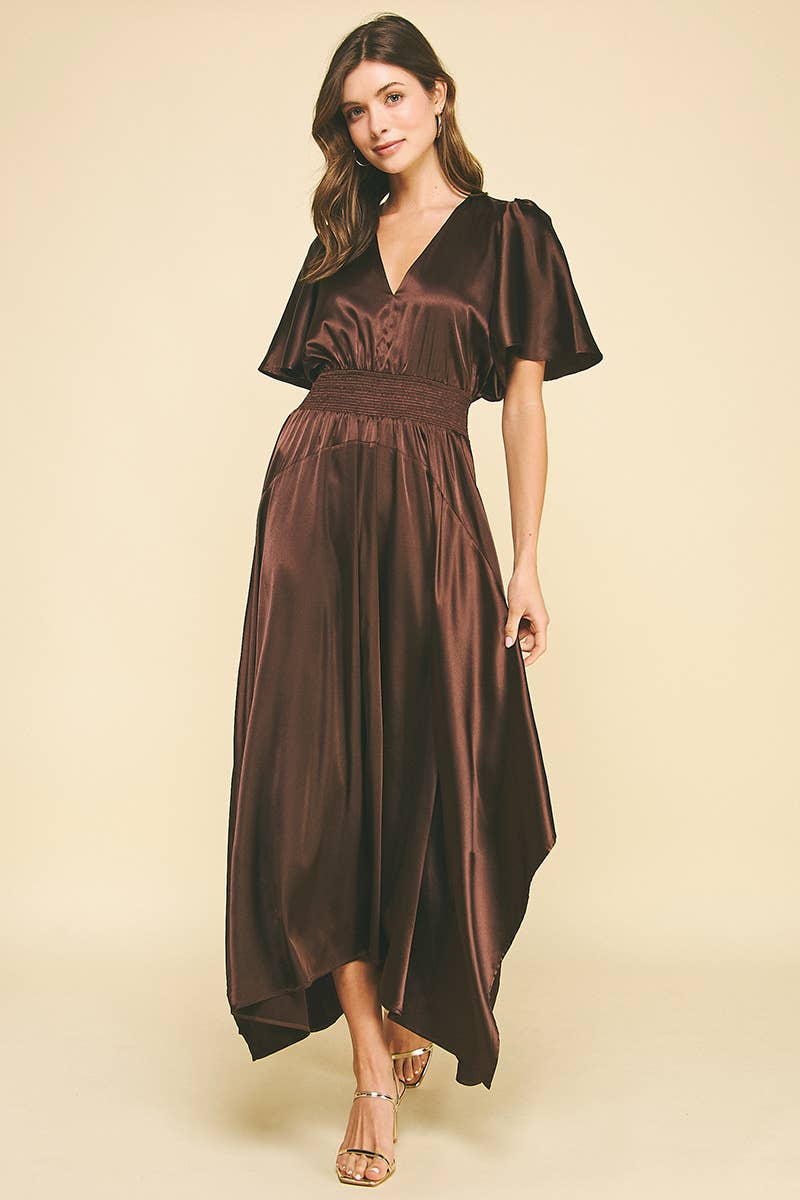 CHIFFON SLIT DETAILED MAXI DRESS: ESPRESSO