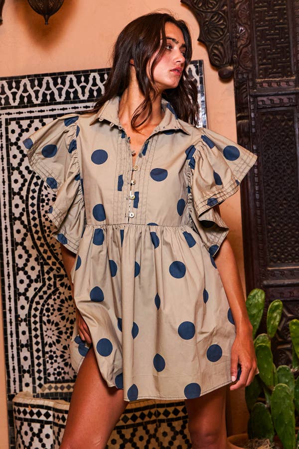 Ruffle Sleeve Pintuck Detail Polka Dot Mini Dress: Taupe