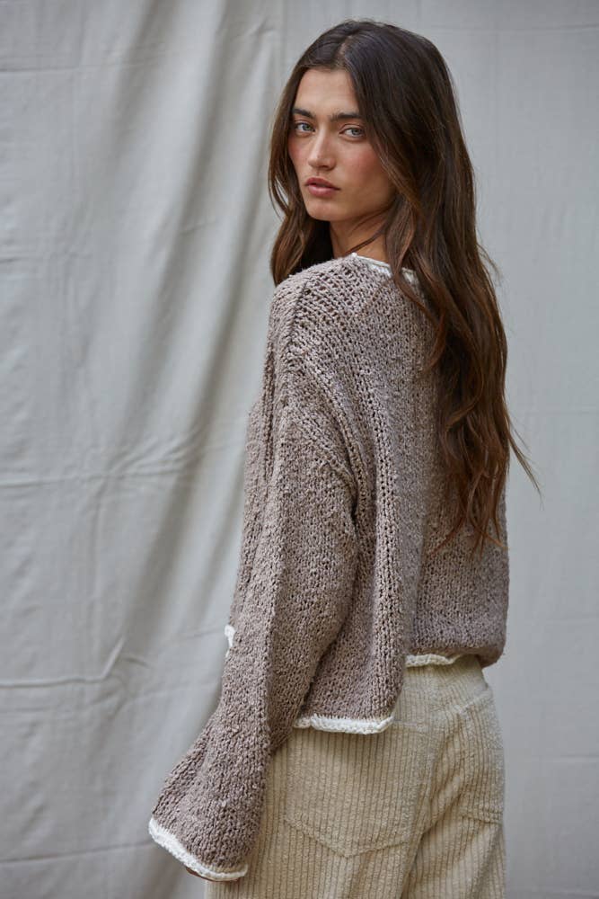 W1919 | Knit Sweater Pullover Top With Contrast Hems Detail: Mocha Ivory / L