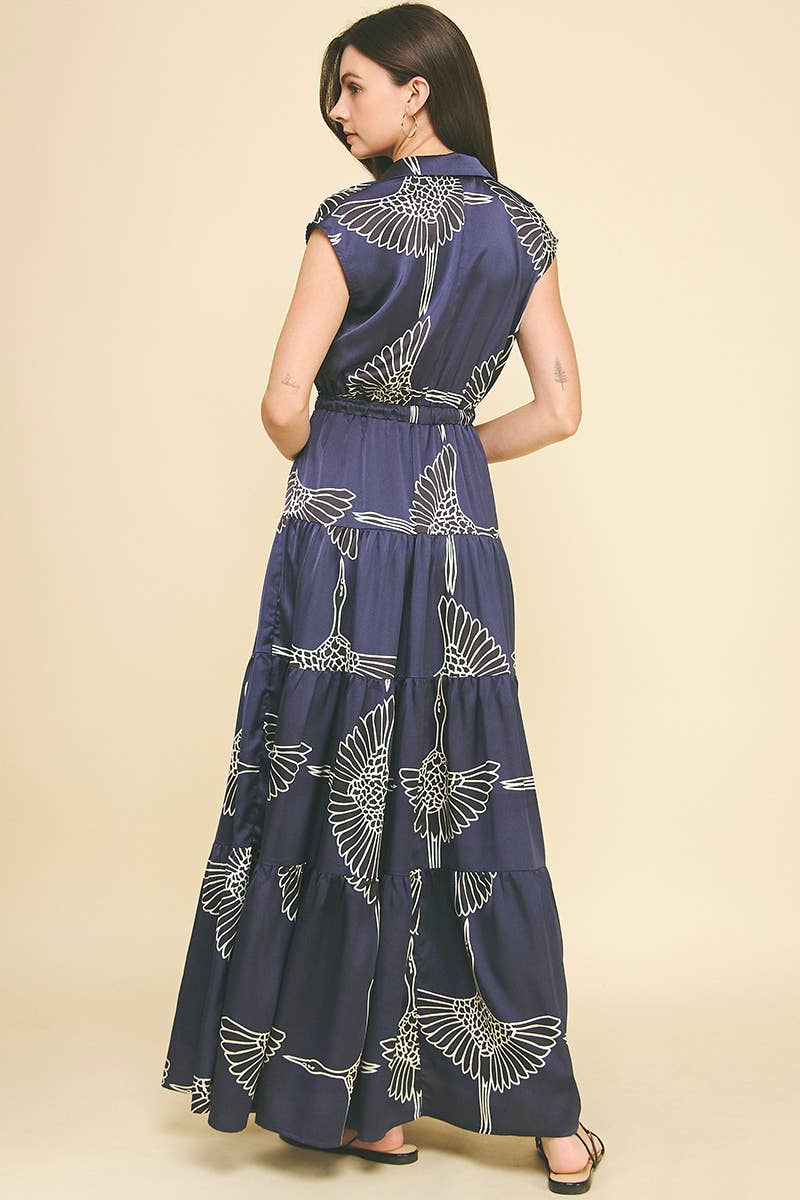 PRINT TIERED MAXI DRESS: NAVY